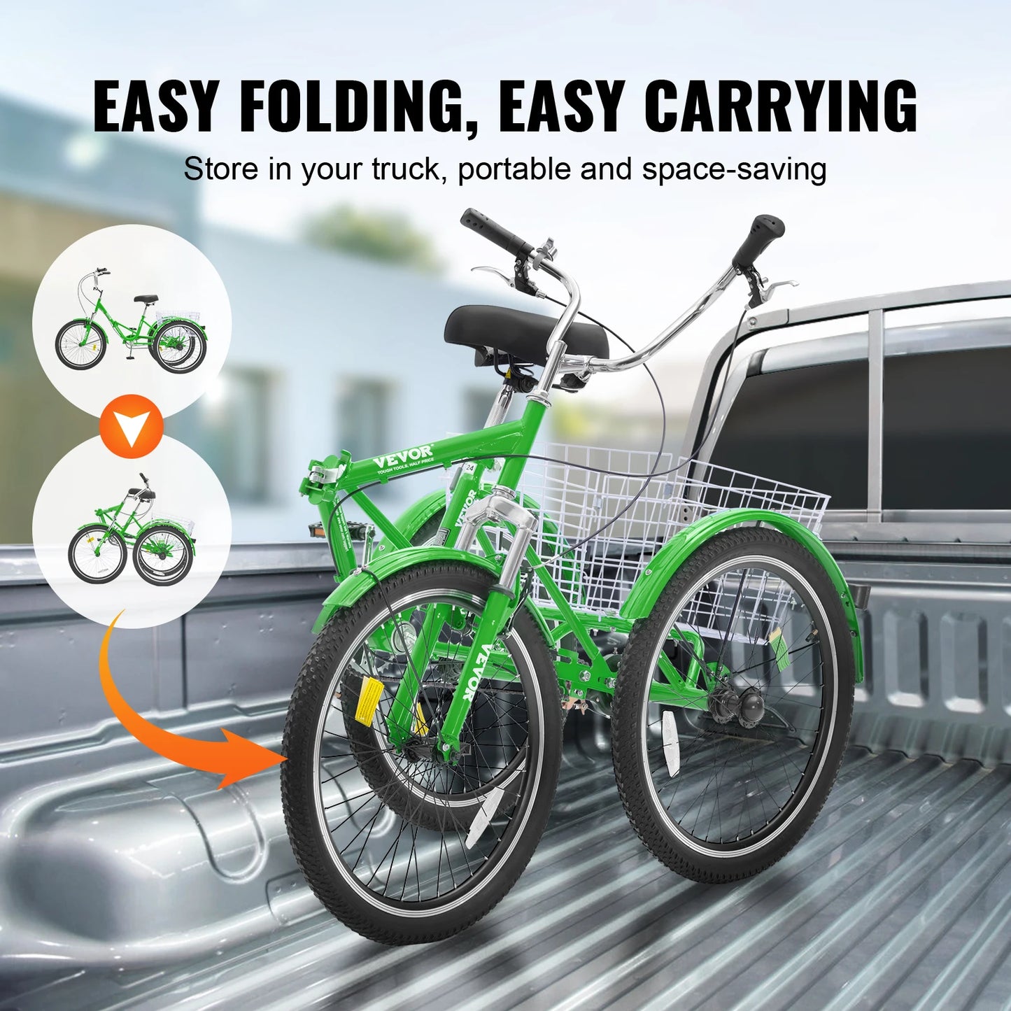 Folding Adult Tricycle Carbon Steel Three Wheel Bicycle