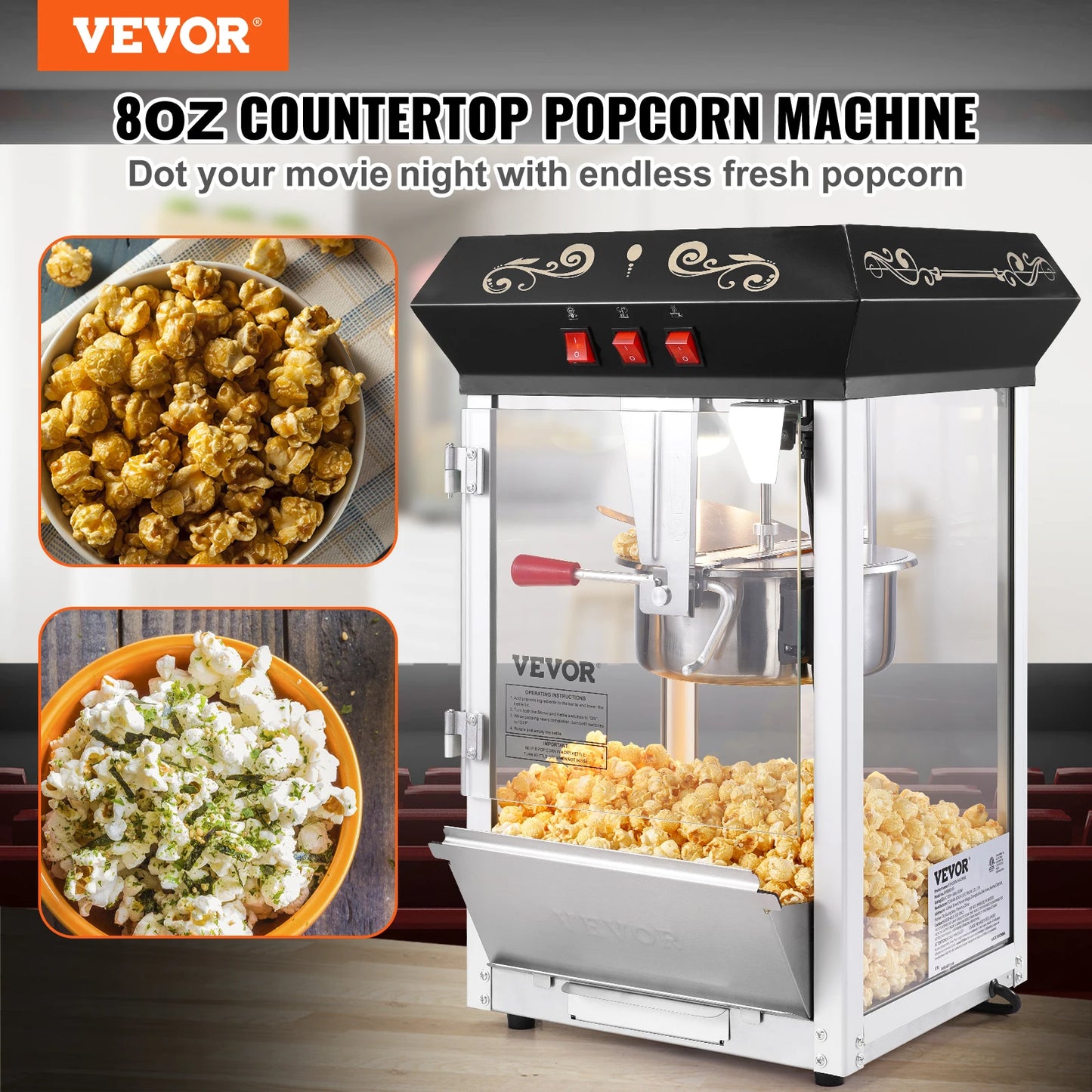 SucceBuy Countertop Popcorn Maker Machine Commercial Popper With Tempered Glass