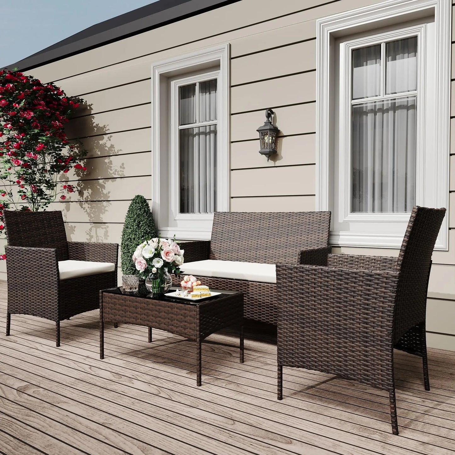 HiMISS 4 Piece Outdoor Rattan Patio Set With Glass Table