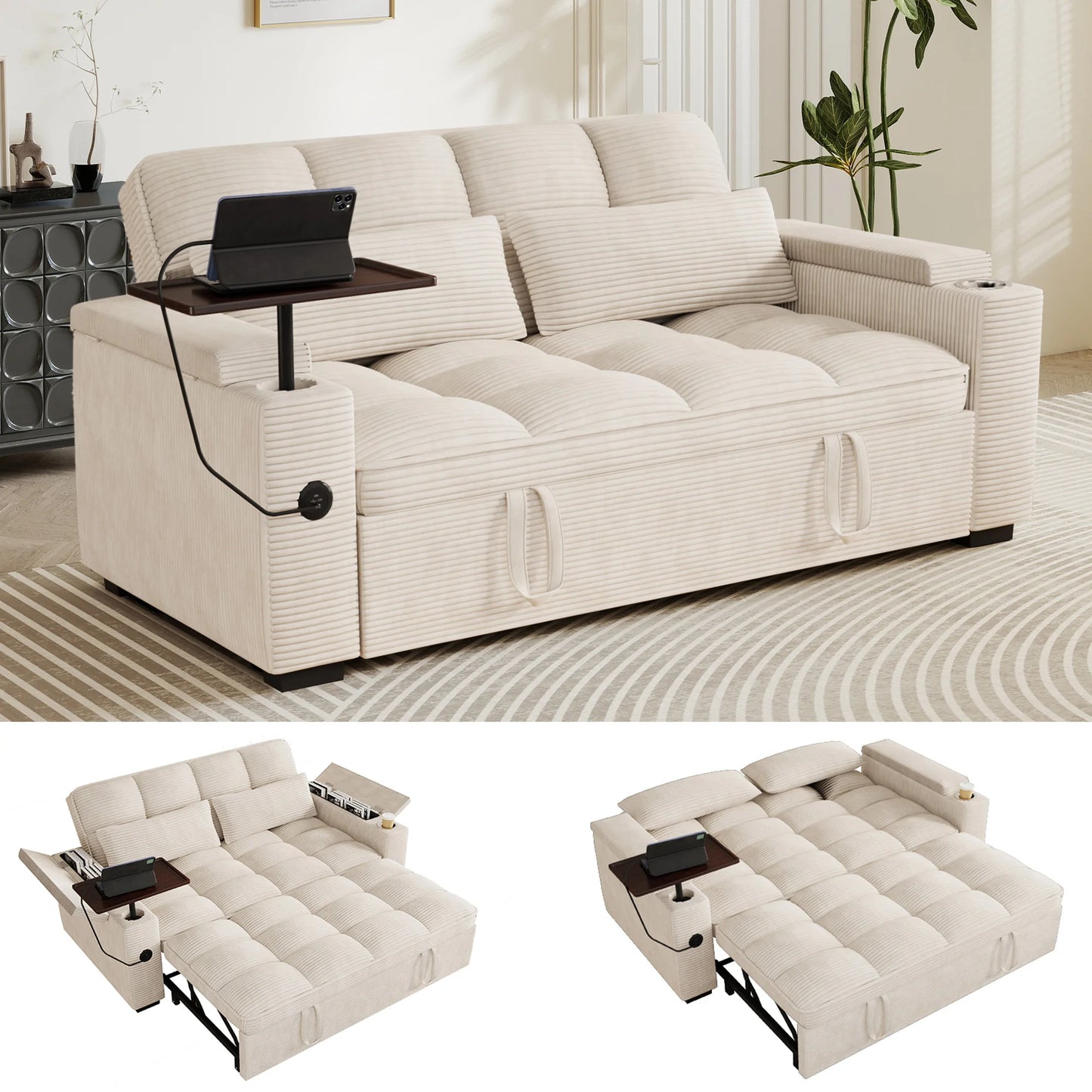 Contemporary Convertible Sofa Bed With Swivel Side Table And Usb