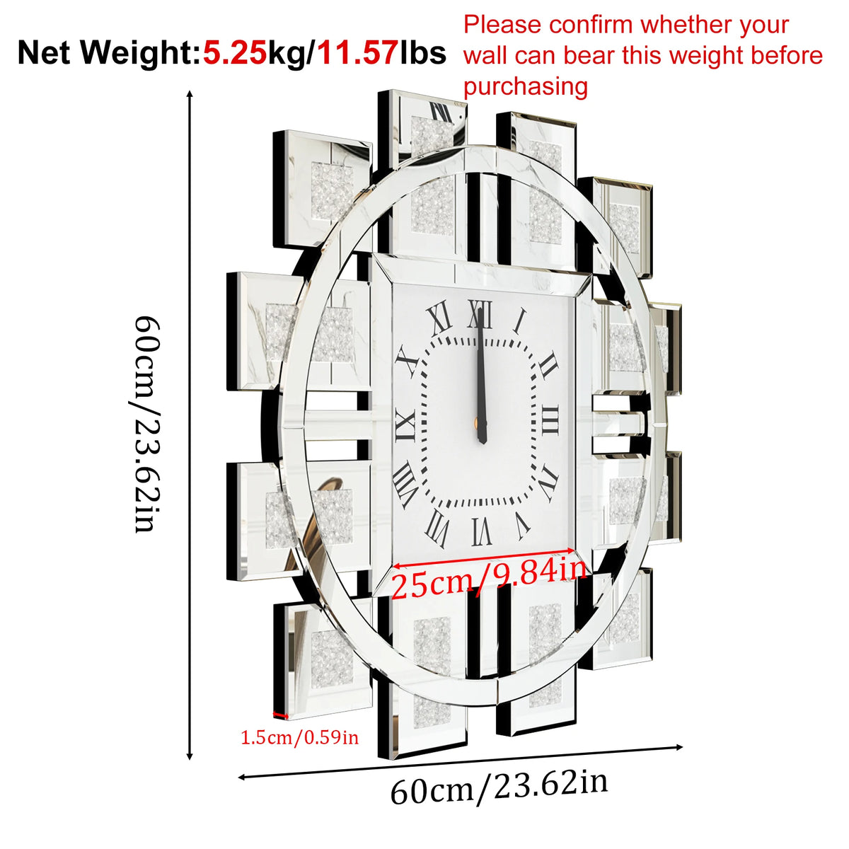 Round Wall Clock With Crushed Diamond Decor Beveled Mirror Frame