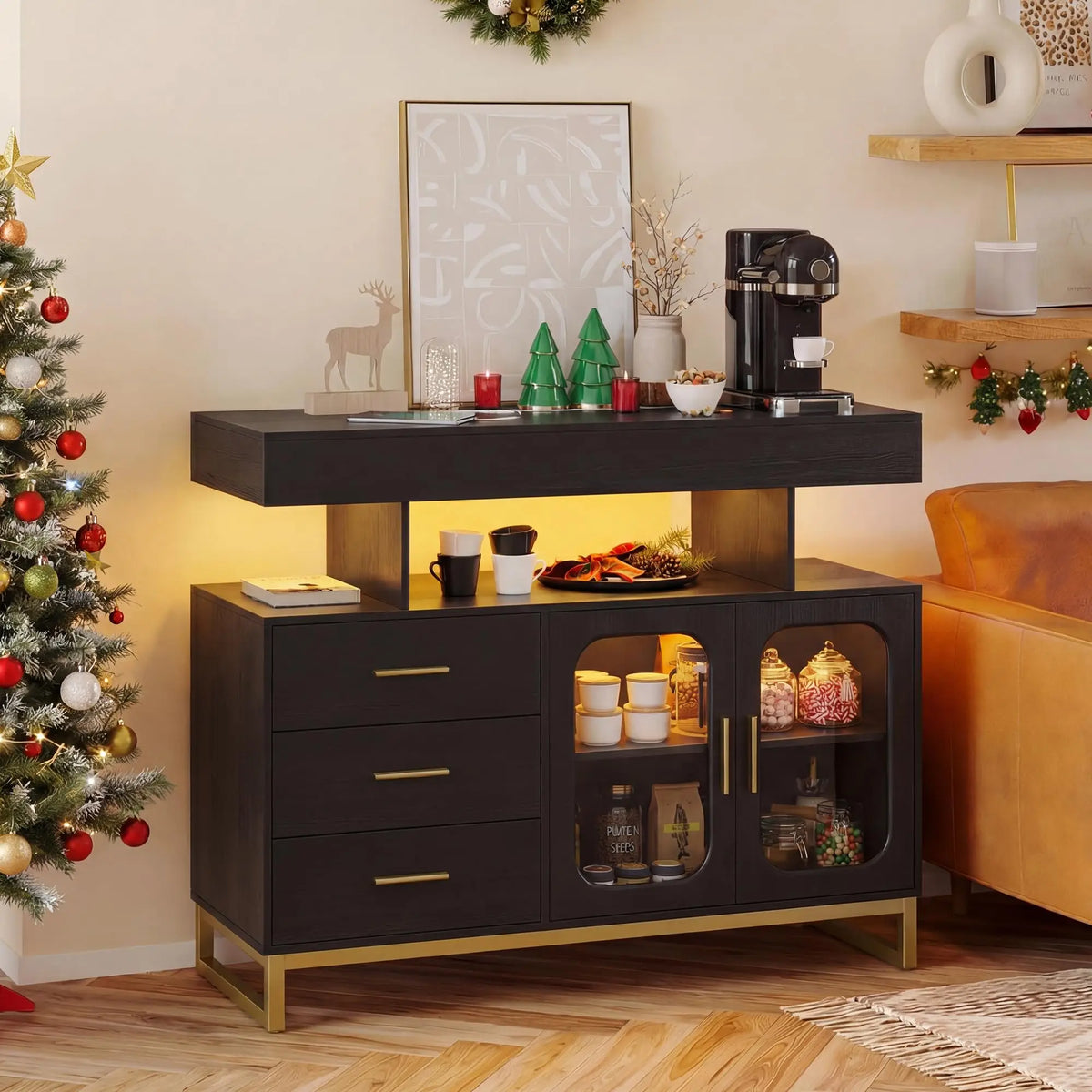 HiMISS Modern Sideboard Buffet Cabinet With LED Lights And Storage