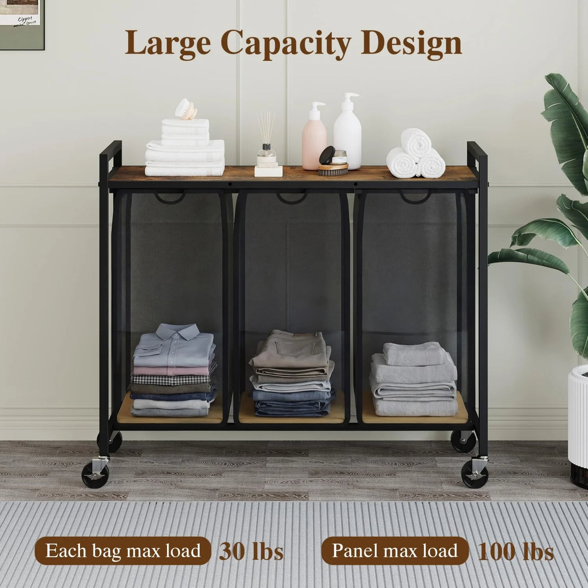 HiMISS Rolling Laundry Hamper With Shelf And Three Removable Bags