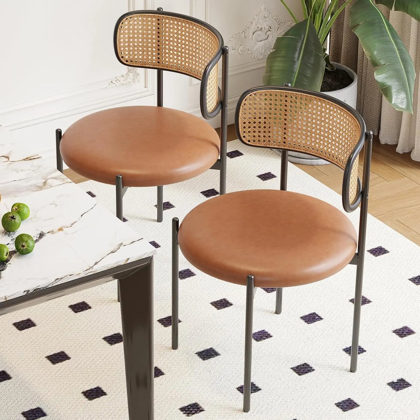 Farini Modern Dining Chairs With PU Leather And Rattan Back
