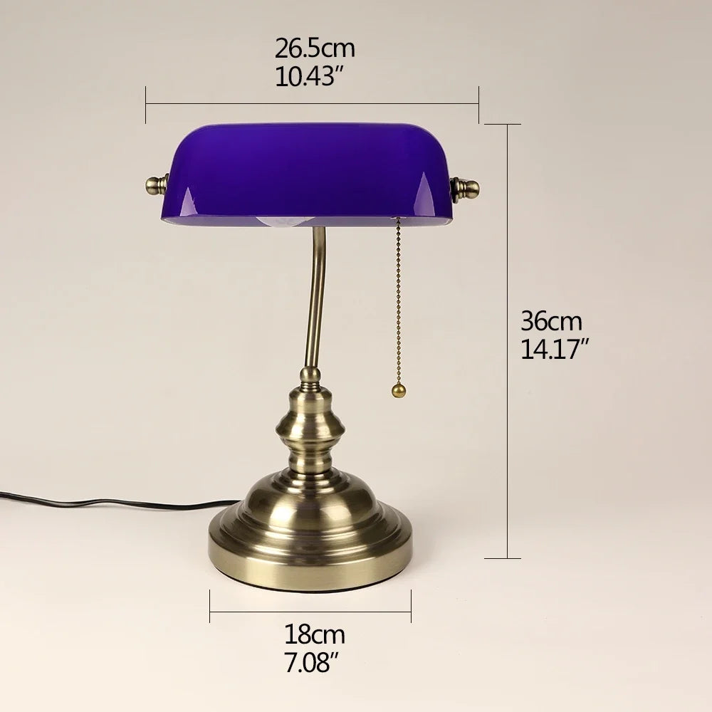 Classical Glass And Iron Bankers Desk Lamp With Zipper Switch