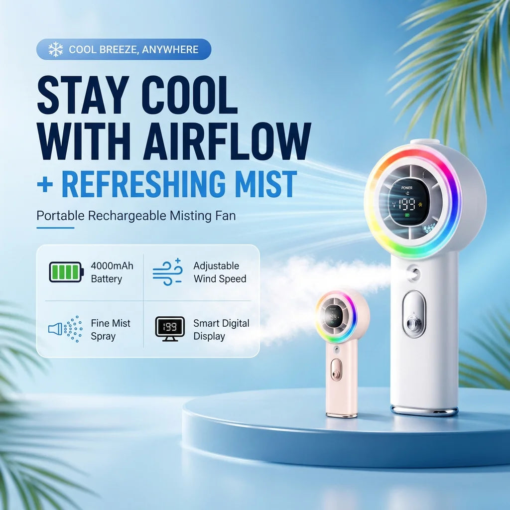 Portable Rechargeable Misting Fan With Adjustable Speed And Water Tank