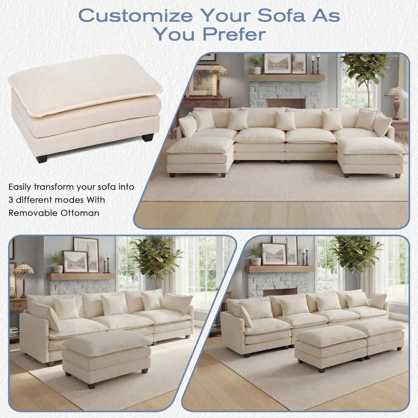 Modern Modular Sectional Sofa With Ottoman And Deep Seat Design