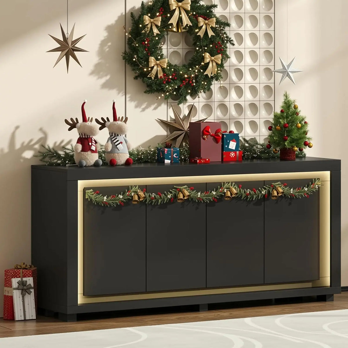 ONBRILL Modern Storage Cabinet With Power Outlets And LED Light