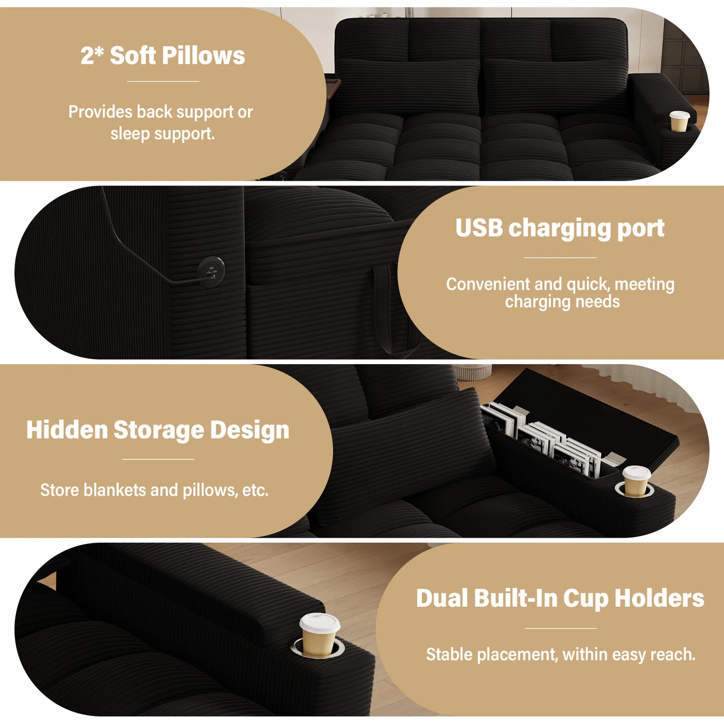 Foldable Convertible Sofa Bed With Integrated Usb Charging Ports