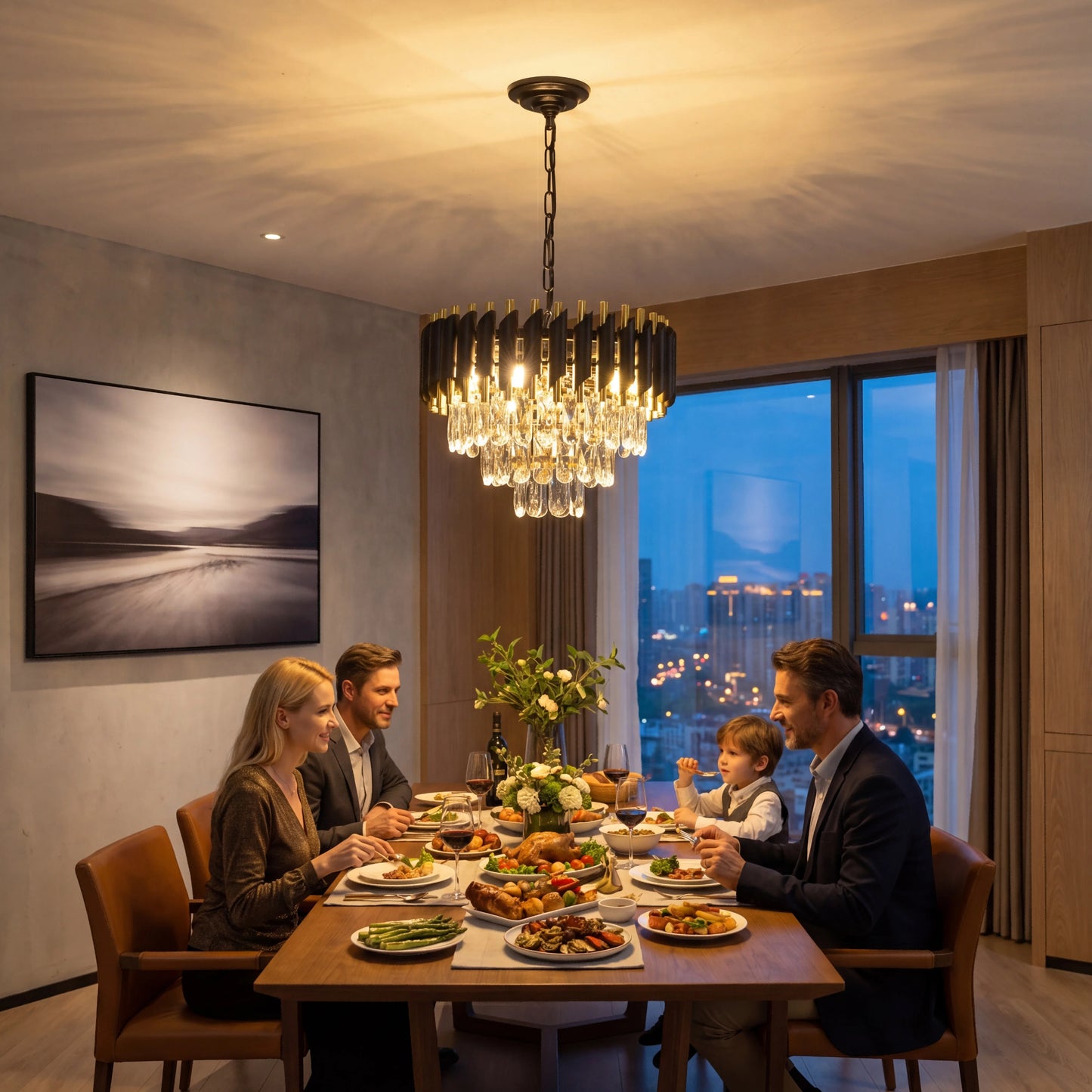 Modern Crystal Chandelier With Adjustable Chain E14 Ceiling Light