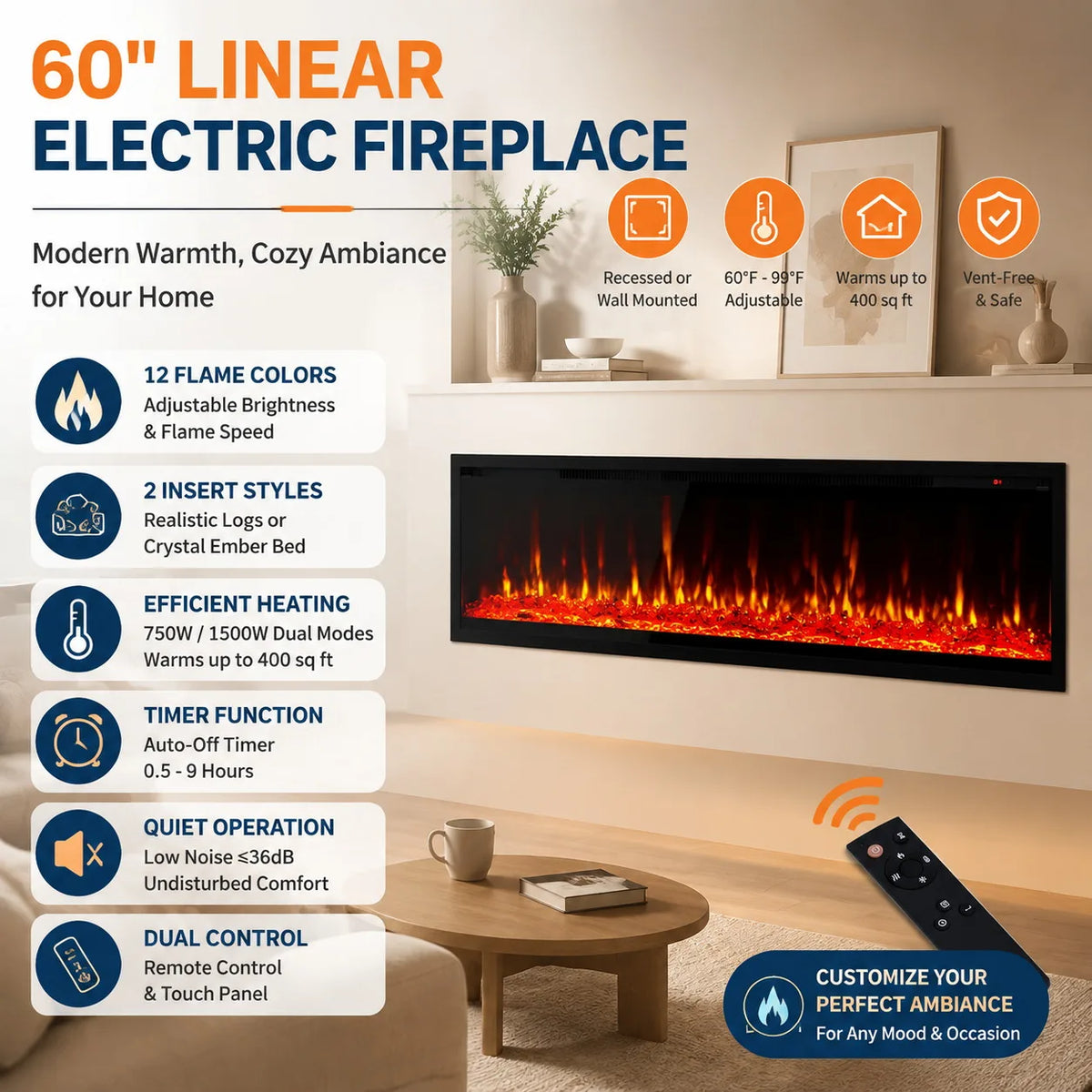 Anixol Electric Fireplace Linear Recessed Wall Mounted Heater