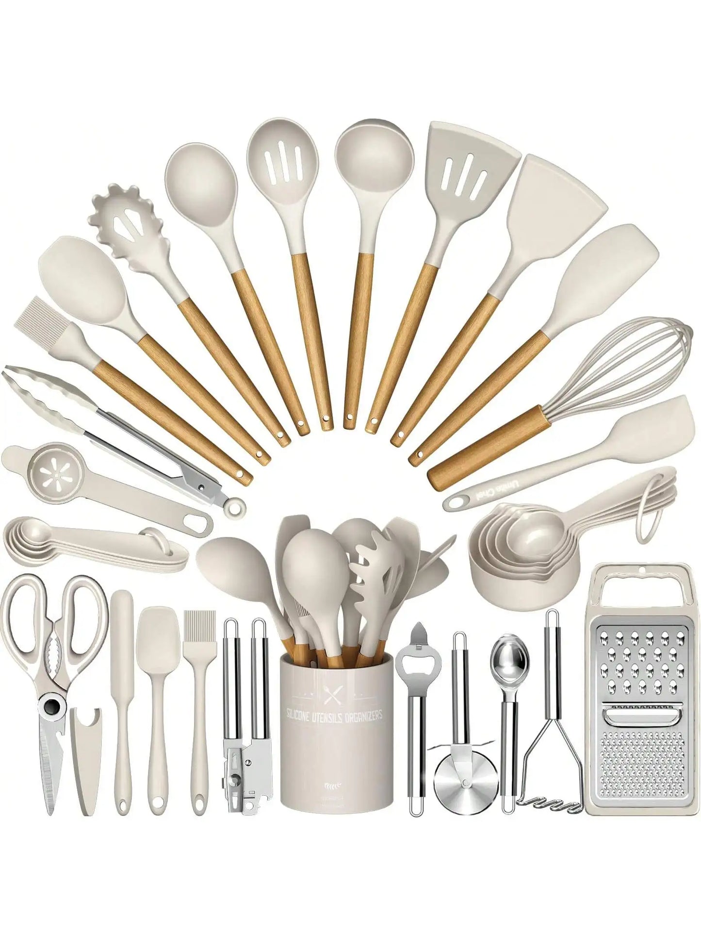 Heat Resistant Silicone Kitchen Utensils Set With Wooden Handles