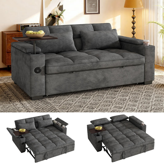 Contemporary Convertible Sofa Bed With Swivel Side Table And Usb