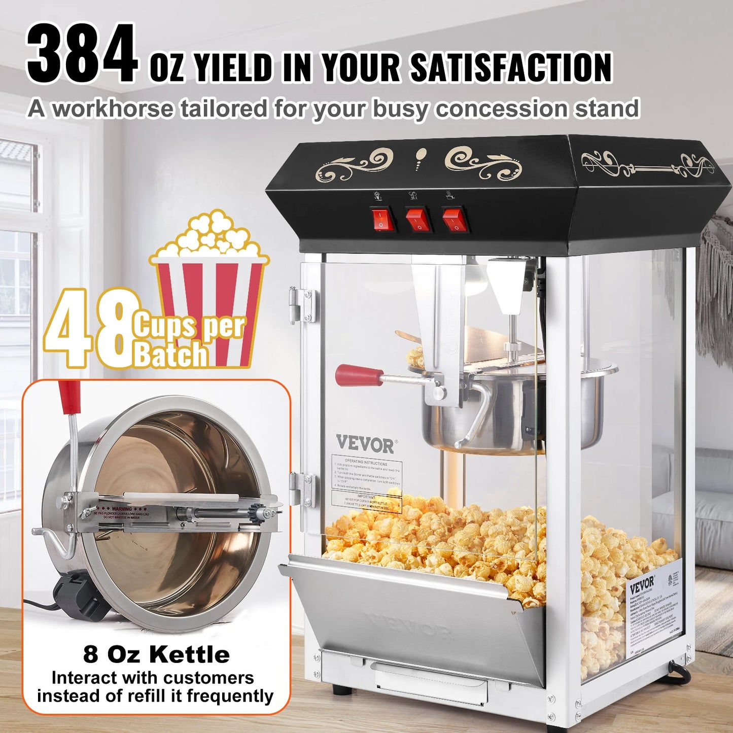 SucceBuy Countertop Popcorn Maker Machine Commercial Popper With Tempered Glass