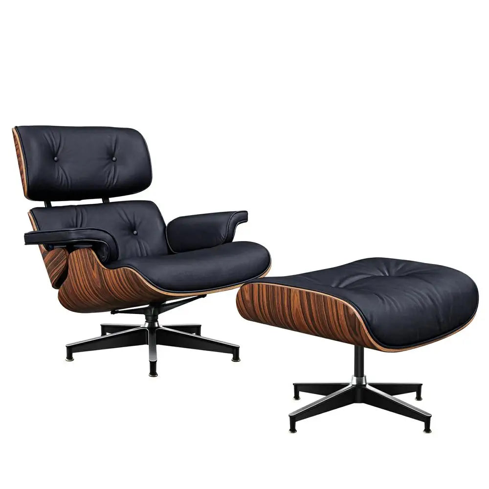 Genuine Leather Swivel Lounge Armchair With Ottoman