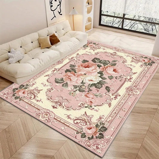 Vintage Rose Floral Polyester Area Rug For Home Decor