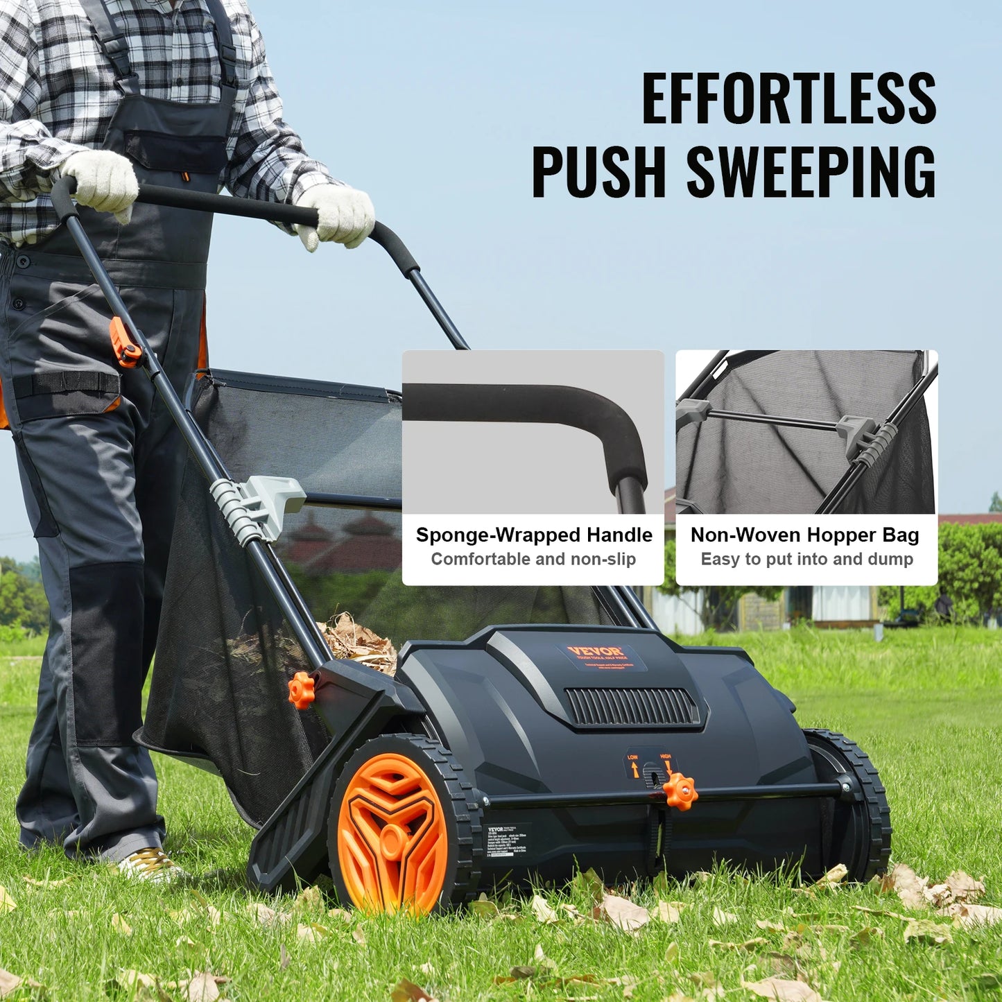 Push Lawn Sweeper With Dual Brushes And Mesh Collection Hopper