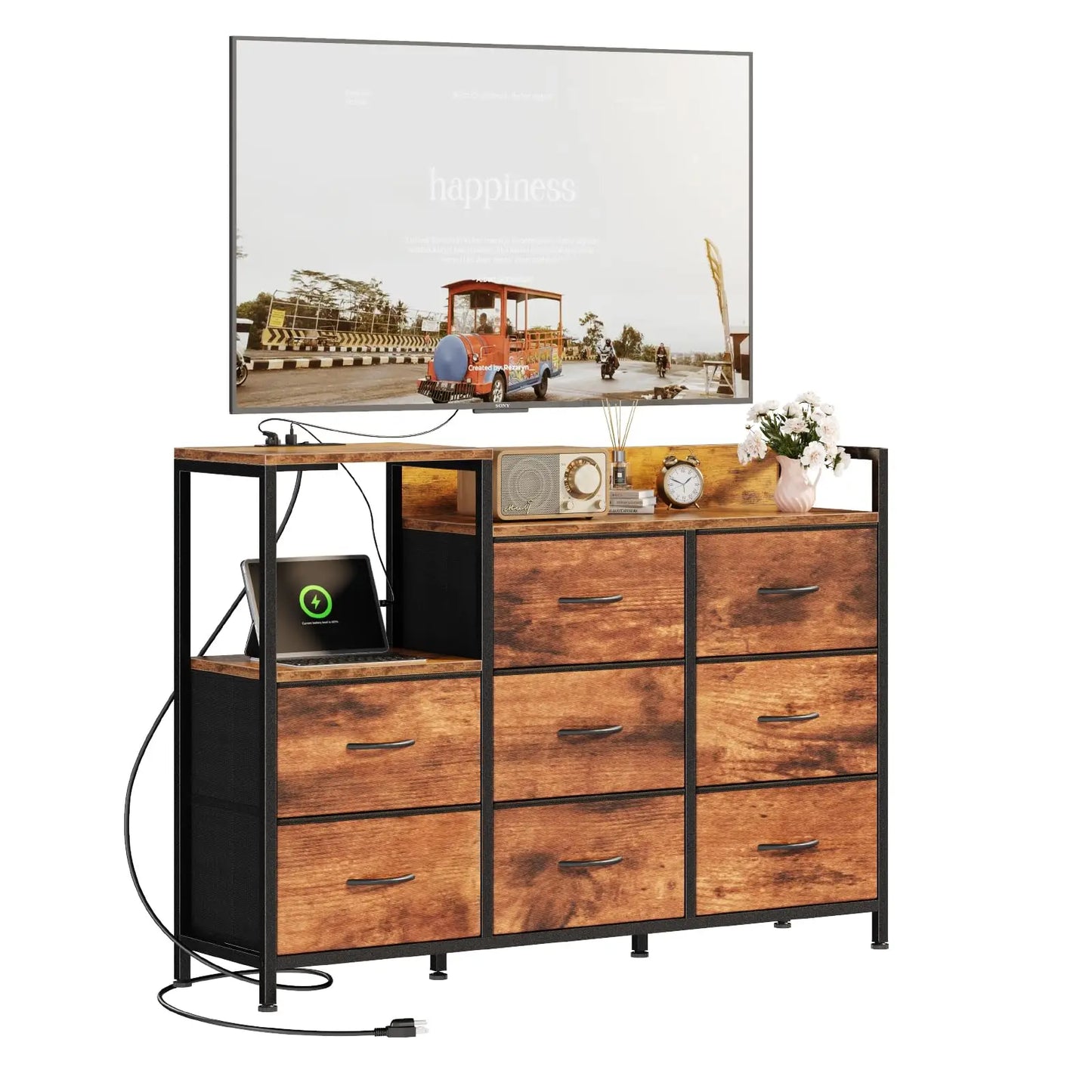 JHK Modern TV Stand With Fabric Drawers And Charging Station