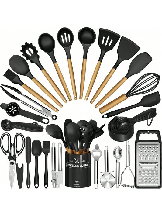 Heat Resistant Silicone Kitchen Utensils Set With Wooden Handles