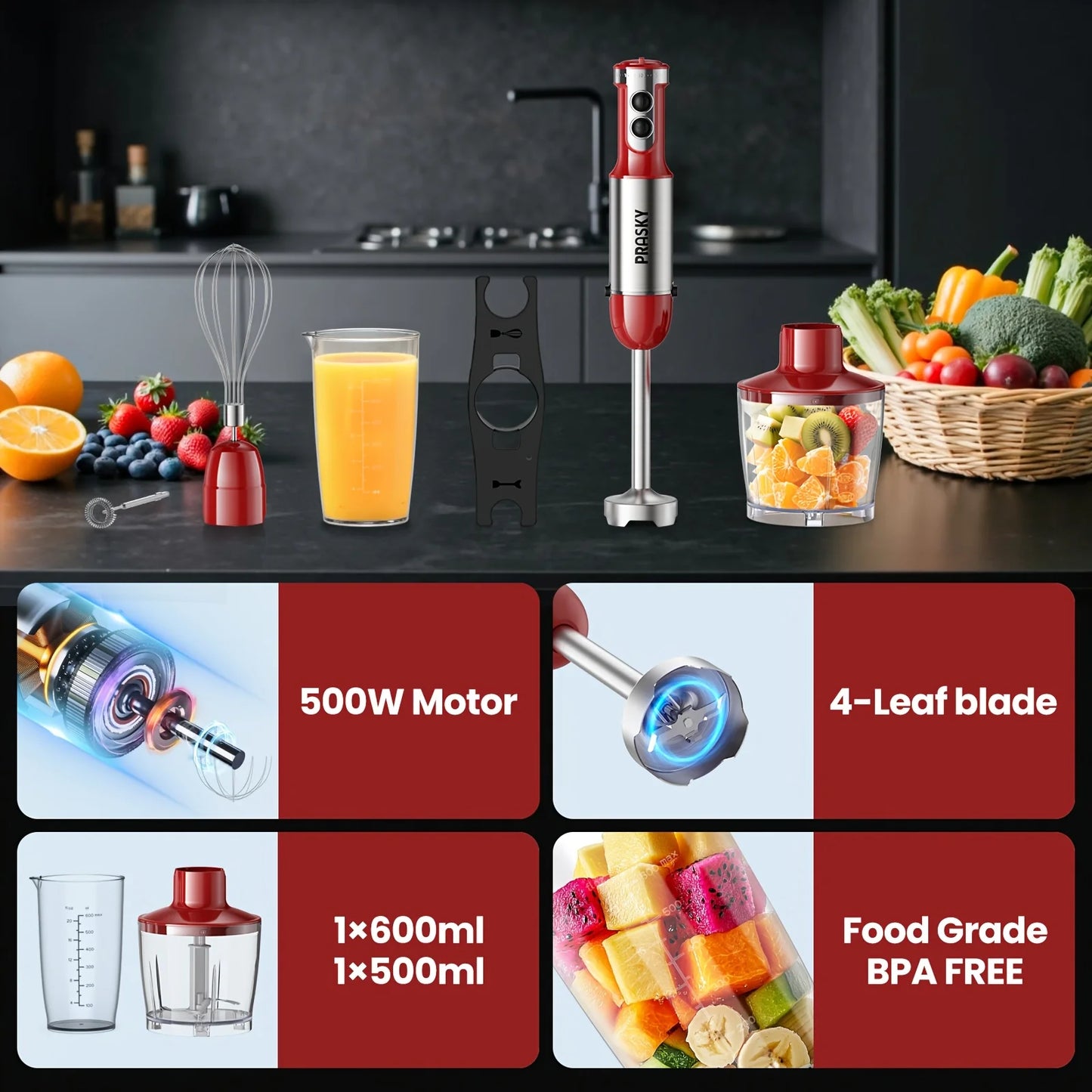 Prasky Handheld Immersion Blender With Whisk And Meat Chopper