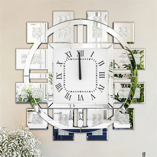 Round Wall Clock With Crushed Diamond Decor Beveled Mirror Frame