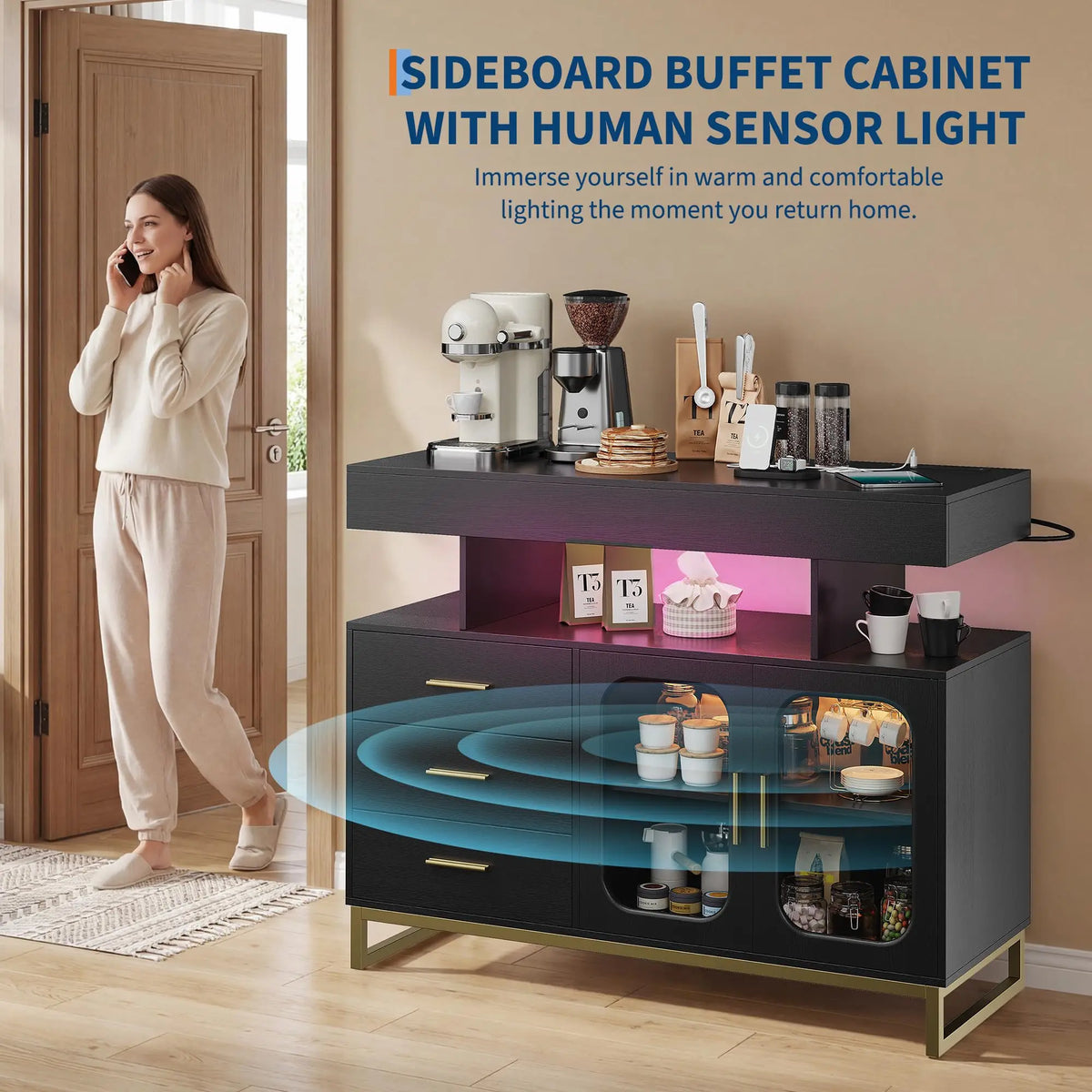 HiMISS Modern Sideboard Buffet Cabinet With LED Lights And Storage