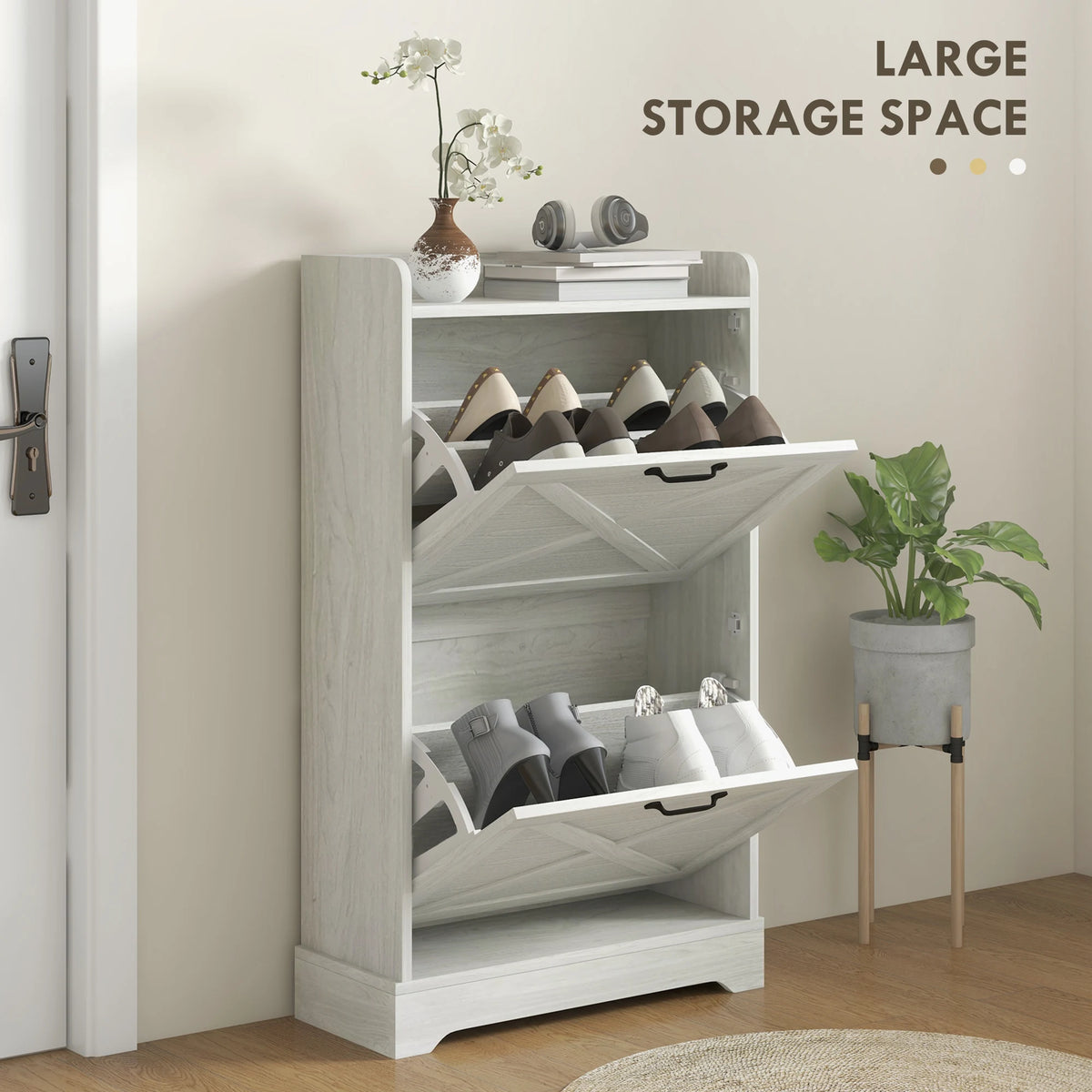 Farmhouse Slim Shoe Cabinet With Flip Drawers And Adjustable Shelves