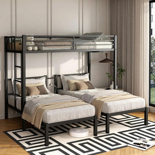 Heavy Duty Metal Triple Bunk Bed With Integrated Safety Guardrails