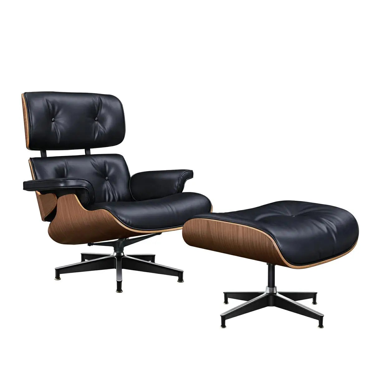 Genuine Leather Swivel Lounge Armchair With Ottoman
