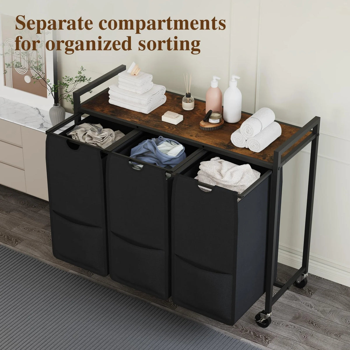 HiMISS Rolling Laundry Hamper With Shelf And Three Removable Bags