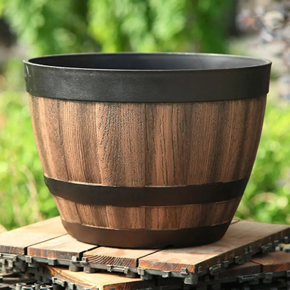 Rustic Faux Wooden Barrel Planter For Garden Patio Decor