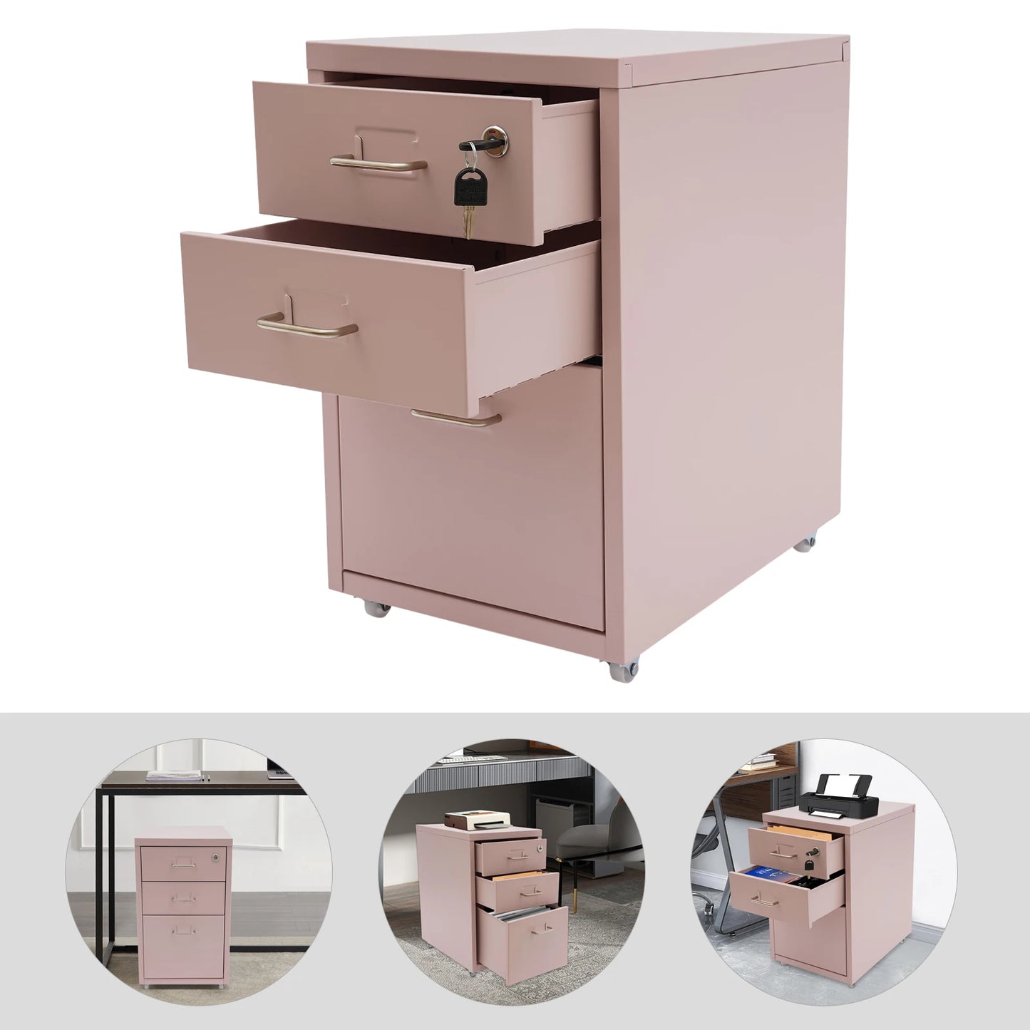 3-Tier Rectangular Metal Vertical Filing Cabinet With Mobile Lock