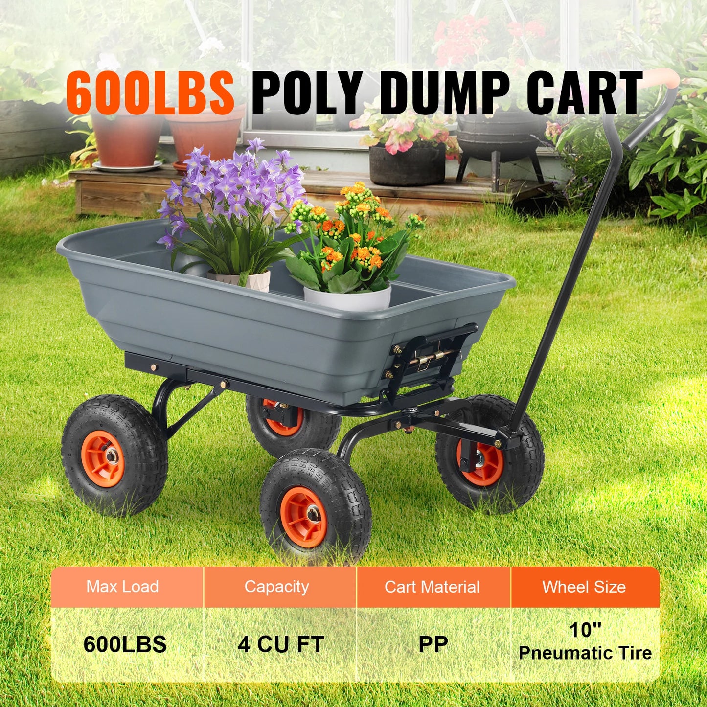 SucceBuy Steel Frame Garden Dump Cart With Convertible Handle