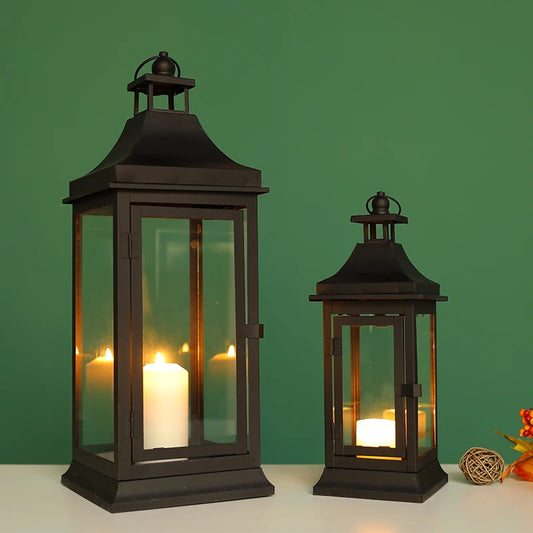 Set of 2 13''&19.5''Tall Outdoor Candle Lanterns Vintage Hanging Tower Lantern Metal Candle Holder