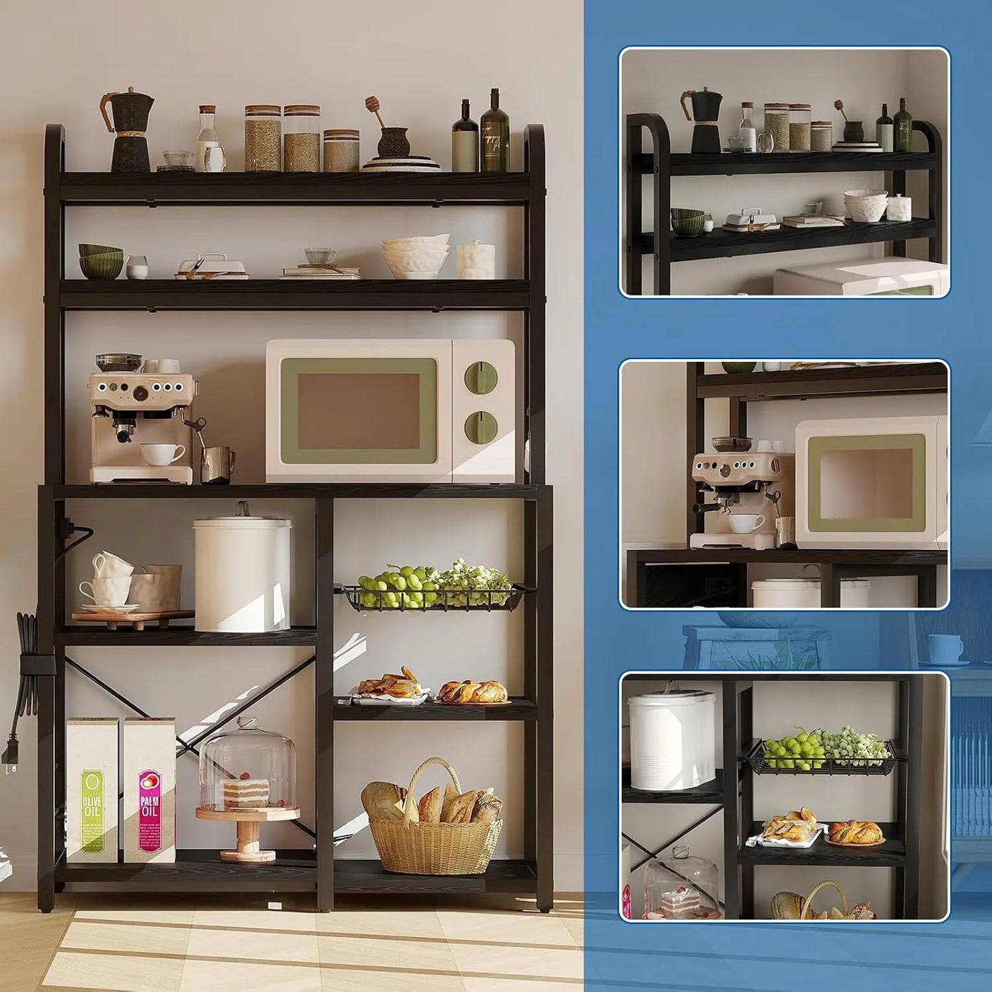 Freestanding Kitchen Baker Rack With Power Outlet And Storage Shelf