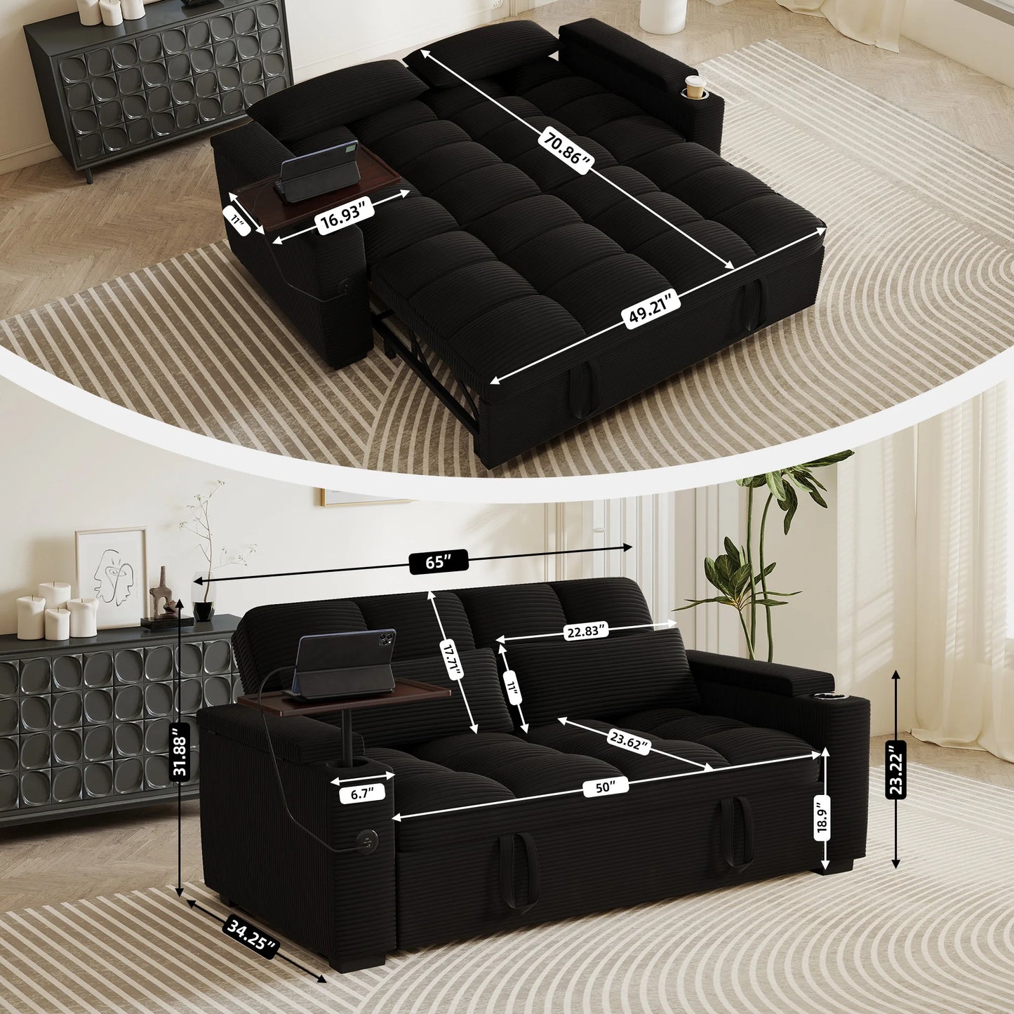 Contemporary Convertible Sofa Bed With Swivel Side Table And Usb