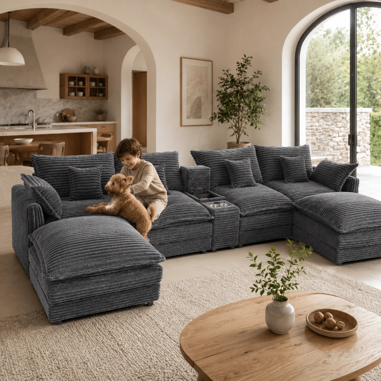Seven Piece Modular Sofa With Console Coffee Table And Pillows