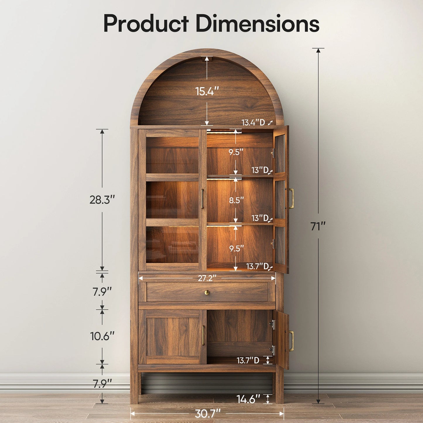 Cottinch Arched Storage Cabinet With Adjustable Shelves And LED Lights