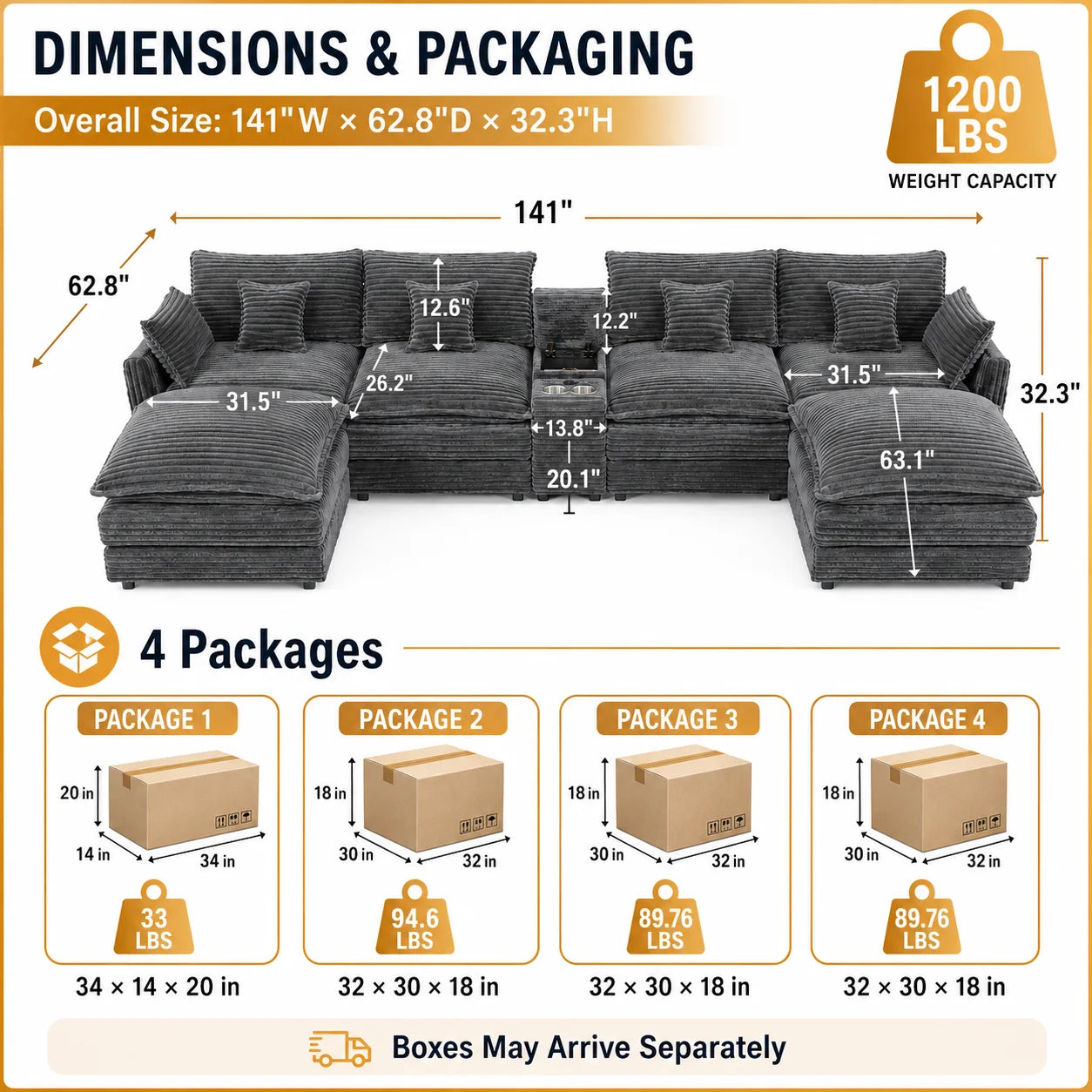 Seven Piece Modular Sofa With Console Coffee Table And Pillows