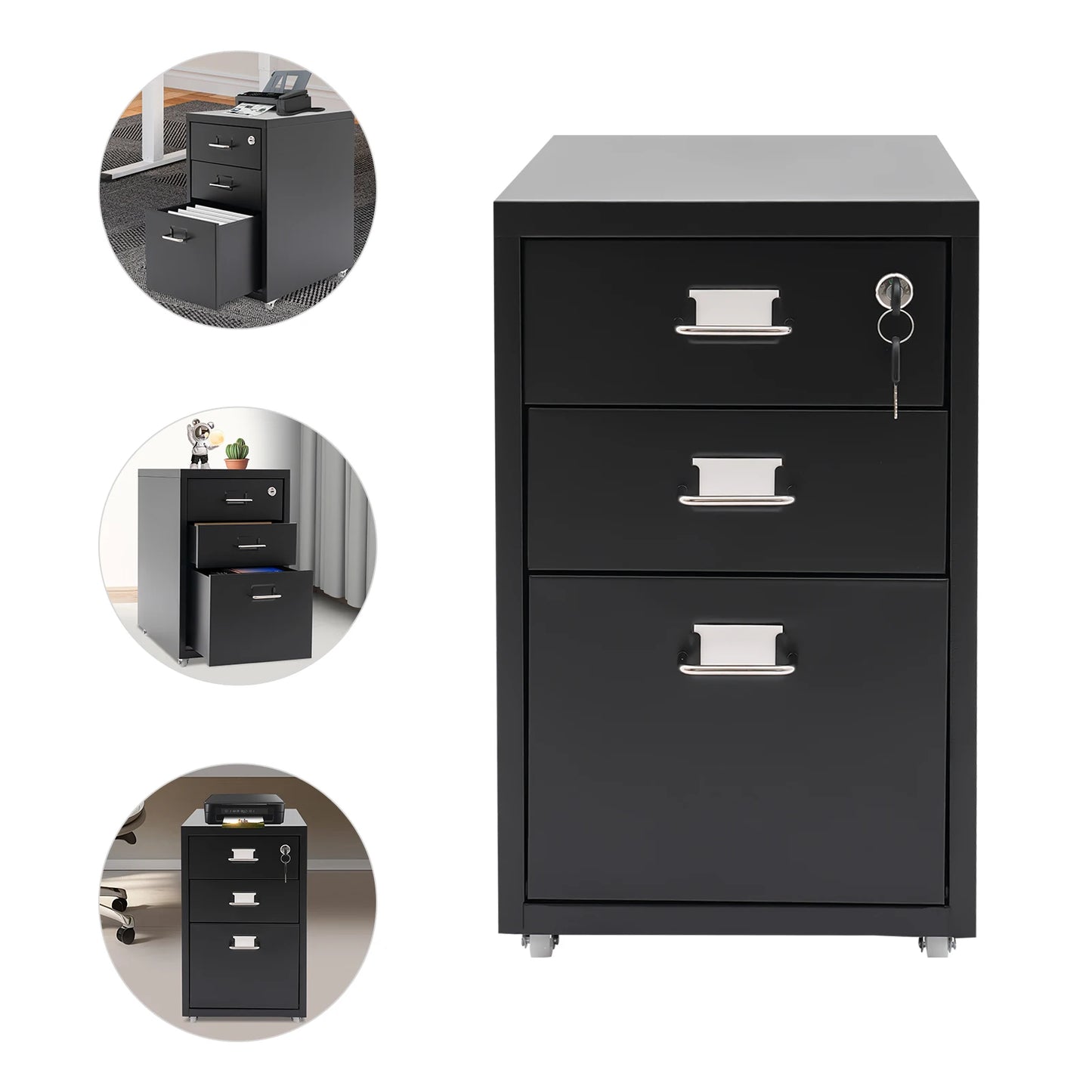 3-Tier Rectangular Metal Vertical Filing Cabinet With Mobile Lock