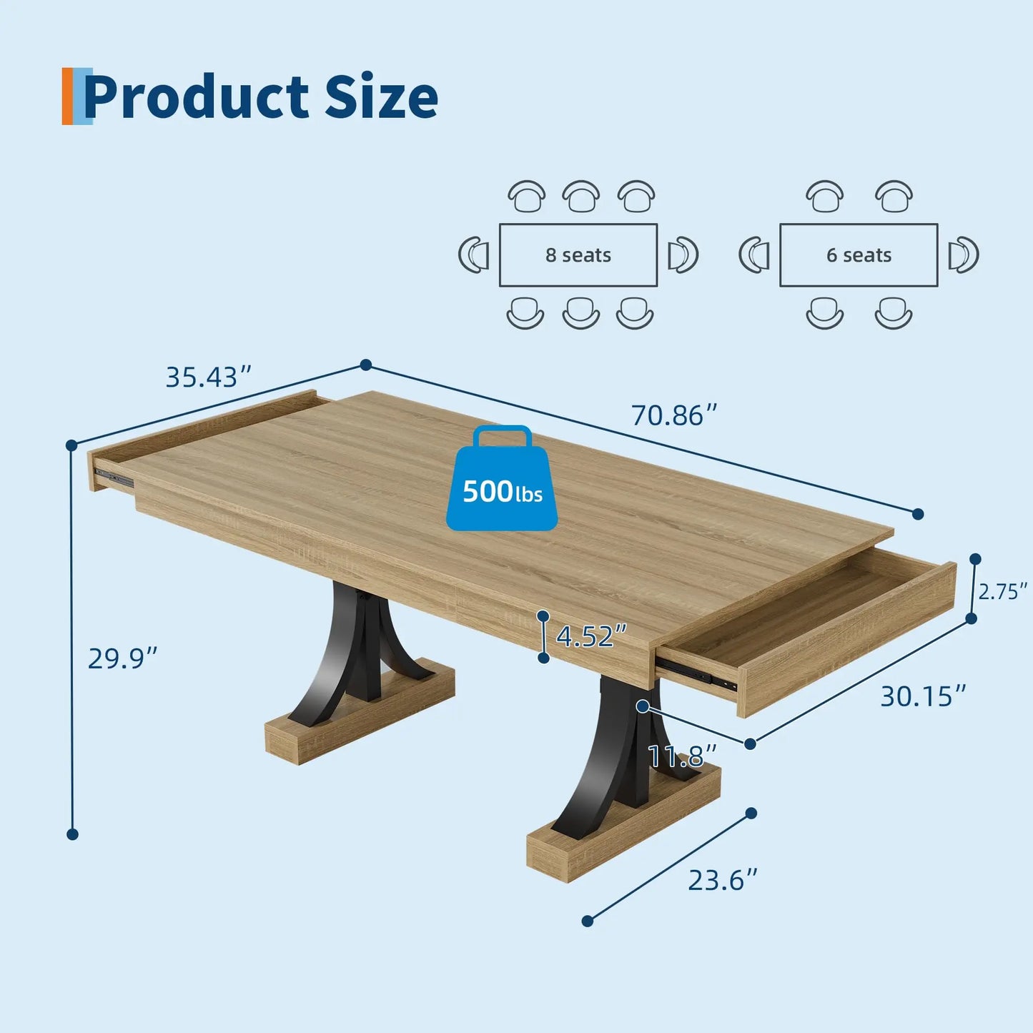 HiMISS Industrial Rectangular Wooden Dining Table With Two Drawers
