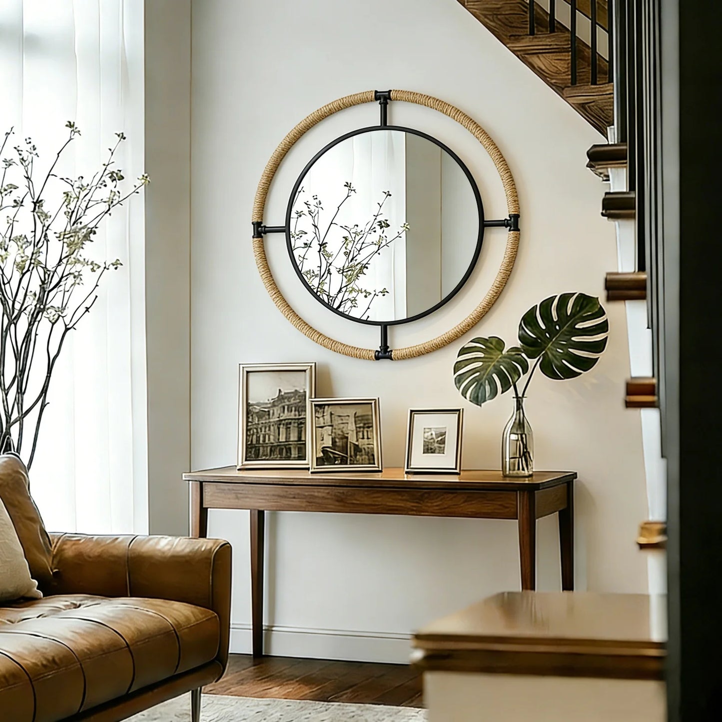 Elegant Rope Frame Round Wall Mirror Bathroom Living Room Decor