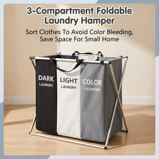 Foldable Three Compartment Laundry Hamper With Sorting Bags
