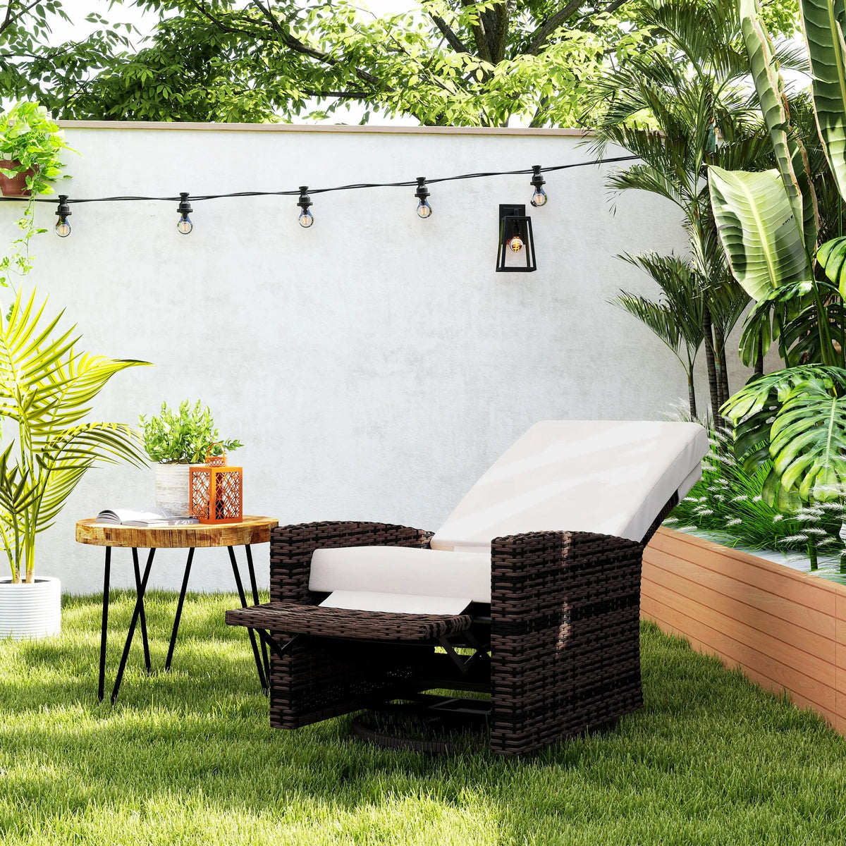 Outsunny Outdoor Rattan Swivel Patio Recliner With Cushion