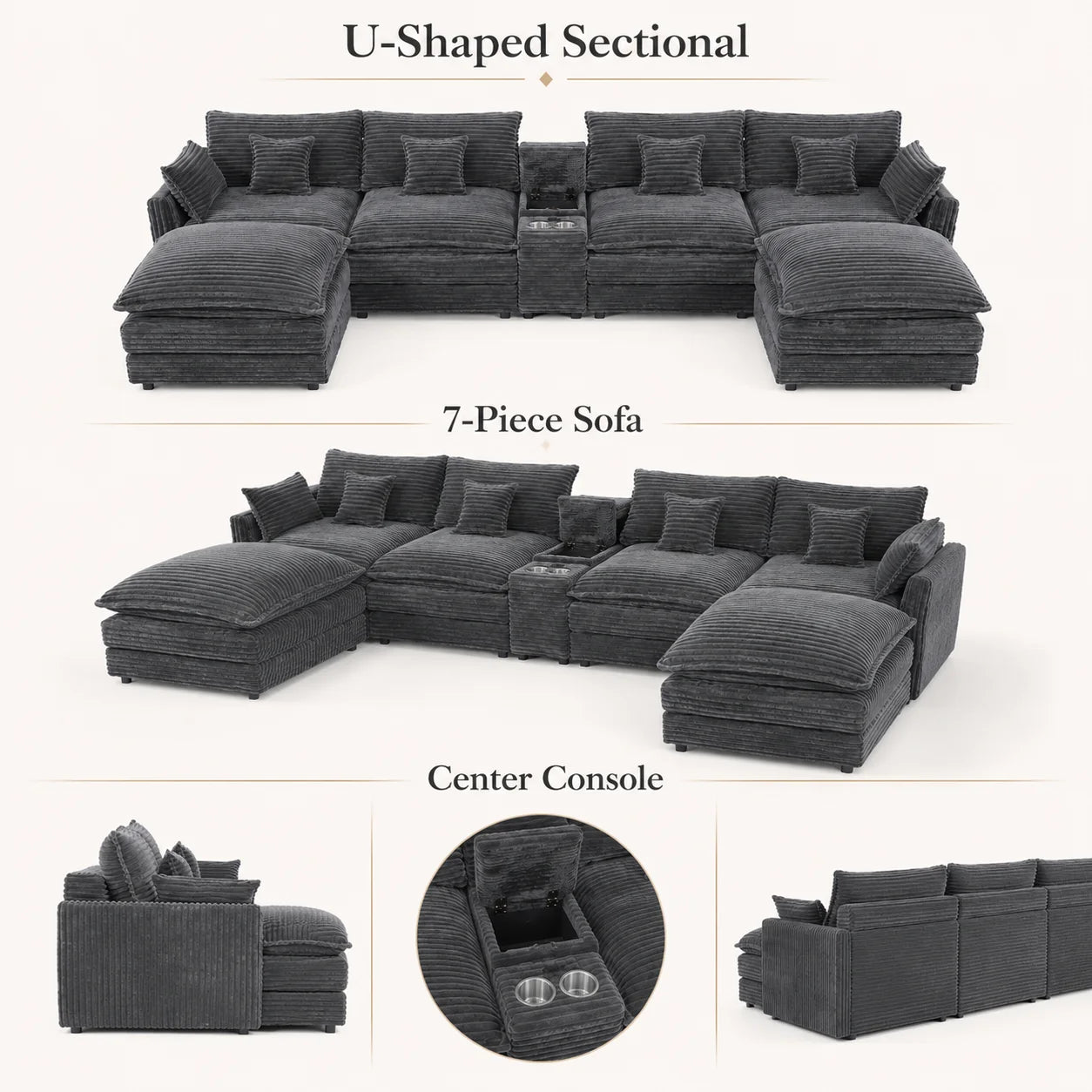 Seven Piece Modular Sofa With Console Coffee Table And Pillows
