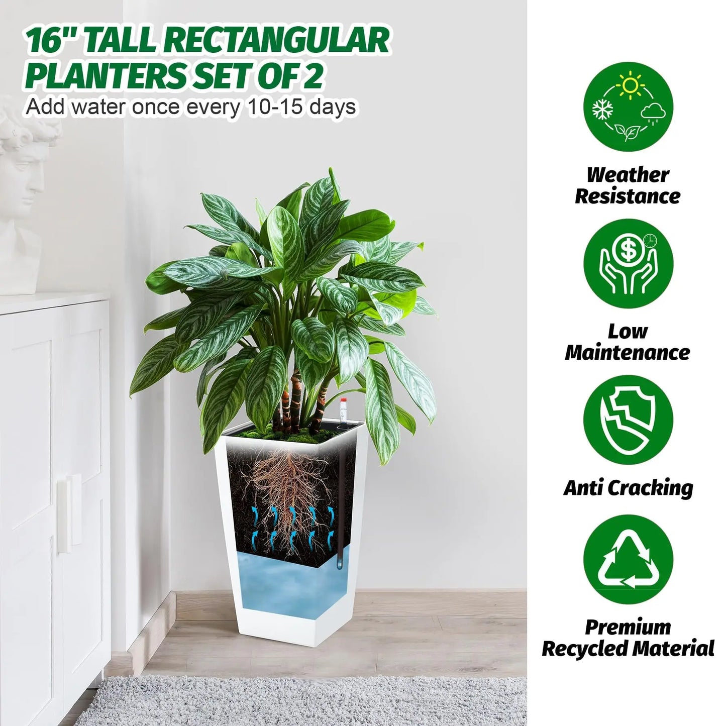 HiMISS Self Watering Planters Set Indoor Outdoor Flower Pots With Drainage