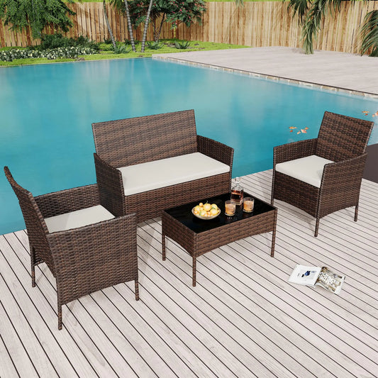 HiMISS 4 Piece Outdoor Rattan Patio Set With Glass Table