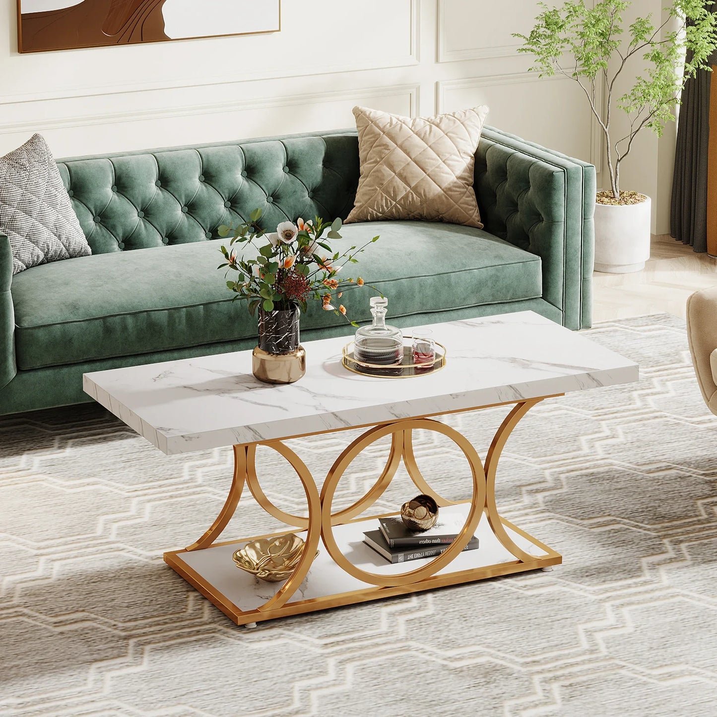 Tribesigns Modern Rectangle Coffee Table With Two Tier Shelves
