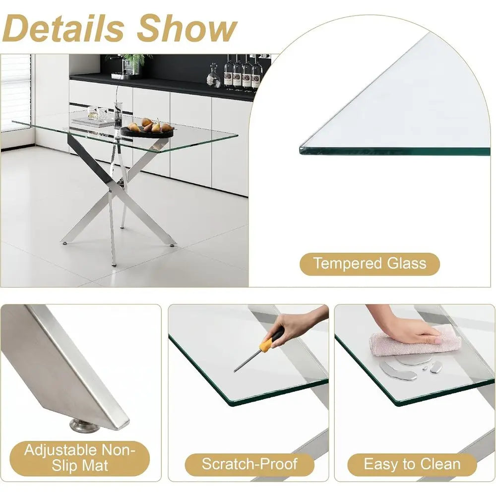Modern Glass Dining Table Set With Four Upholstered Chairs