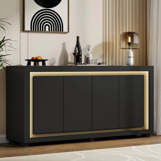 ONBRILL Modern Storage Cabinet With Power Outlets And LED Light